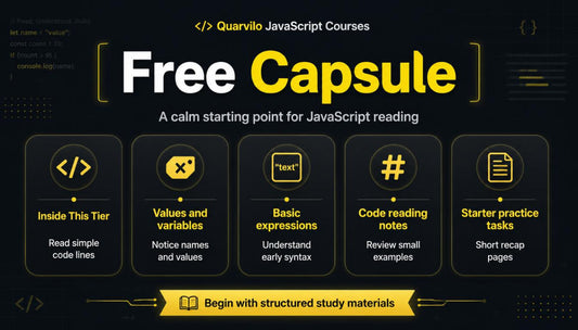 Quarvilo JavaScript Courses free capsule on a dark background with yellow text and icons.