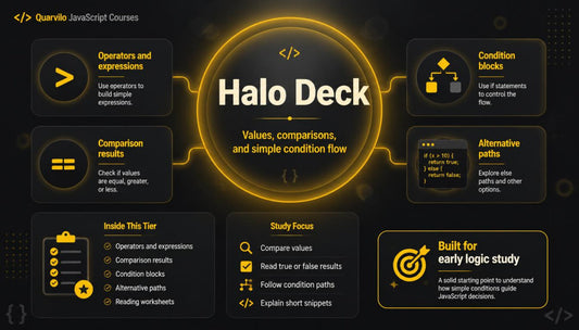 Halo Deck educational interface with JavaScript course topics on a dark background