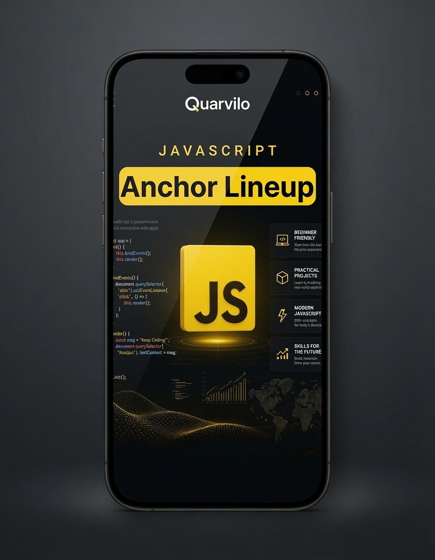 Phone displaying a JavaScript anchor lineup app with Quarvilo branding on a dark background