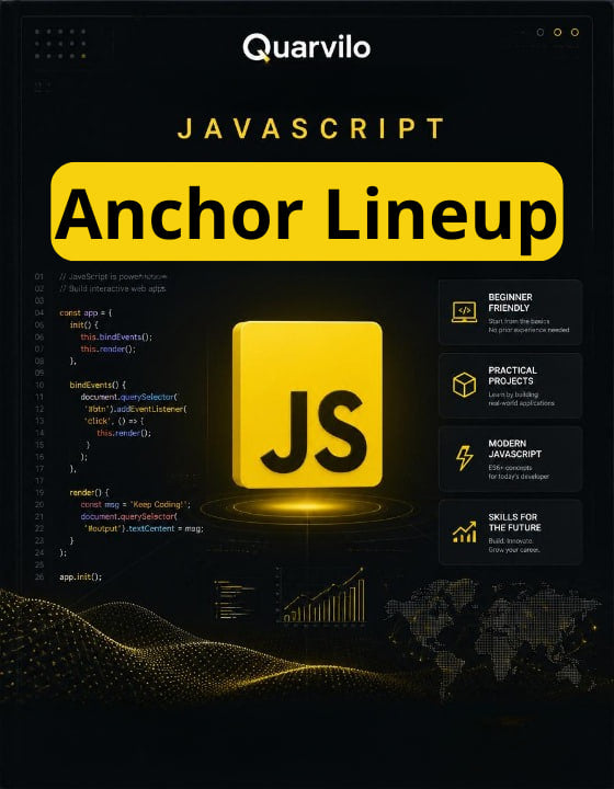 Book cover of 'JavaScript Anchor Lineup' by Quarvilo with JavaScript logo on a dark background