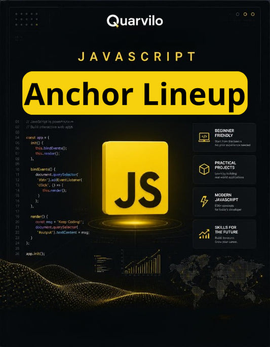 Book cover of 'JavaScript Anchor Lineup' by Quarvilo with JavaScript logo on a dark background