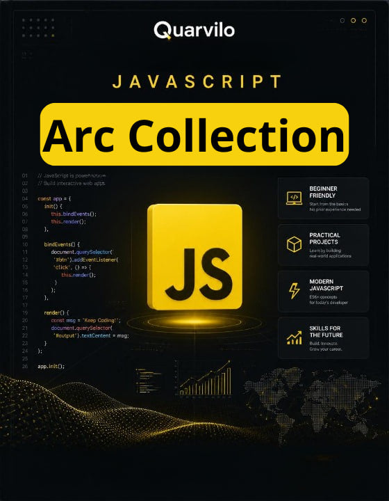 Book cover of 'JavaScript Arc Collection' by Quarvilo with code snippets and a yellow logo on a dark background.