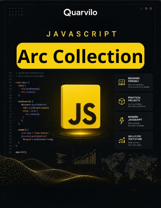 Book cover of 'JavaScript Arc Collection' by Quarvilo with code snippets and a yellow logo on a dark background.