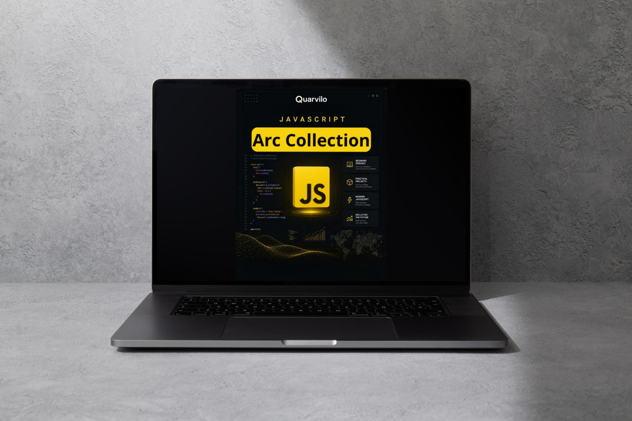 Laptop displaying a Quanvillo JavaScript Arc Collection graphic on a gray background