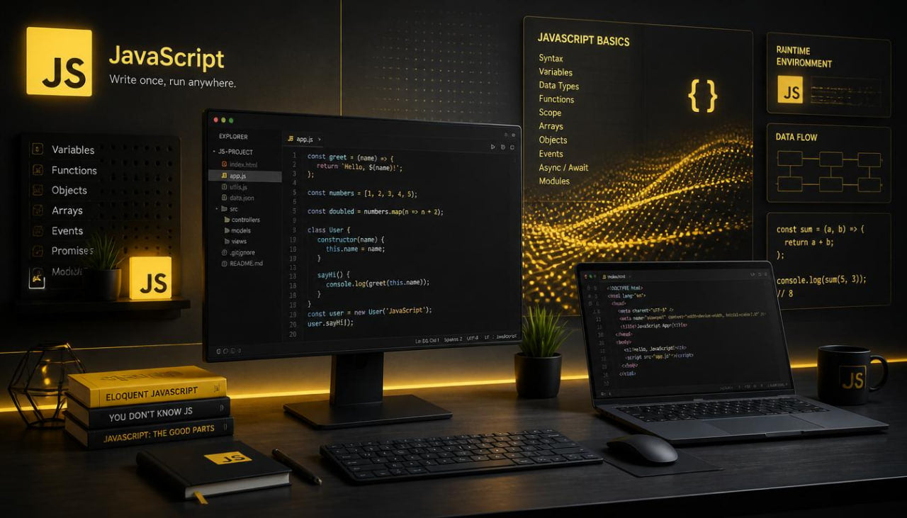 Dark-themed workspace with computer monitors displaying JavaScript code and basics.