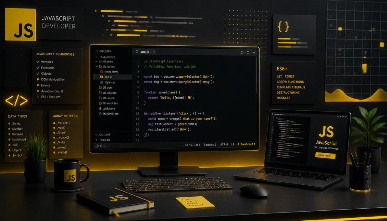 Dark-themed workspace with computer monitor displaying code, surrounded by JavaScript developer tools and decor.
