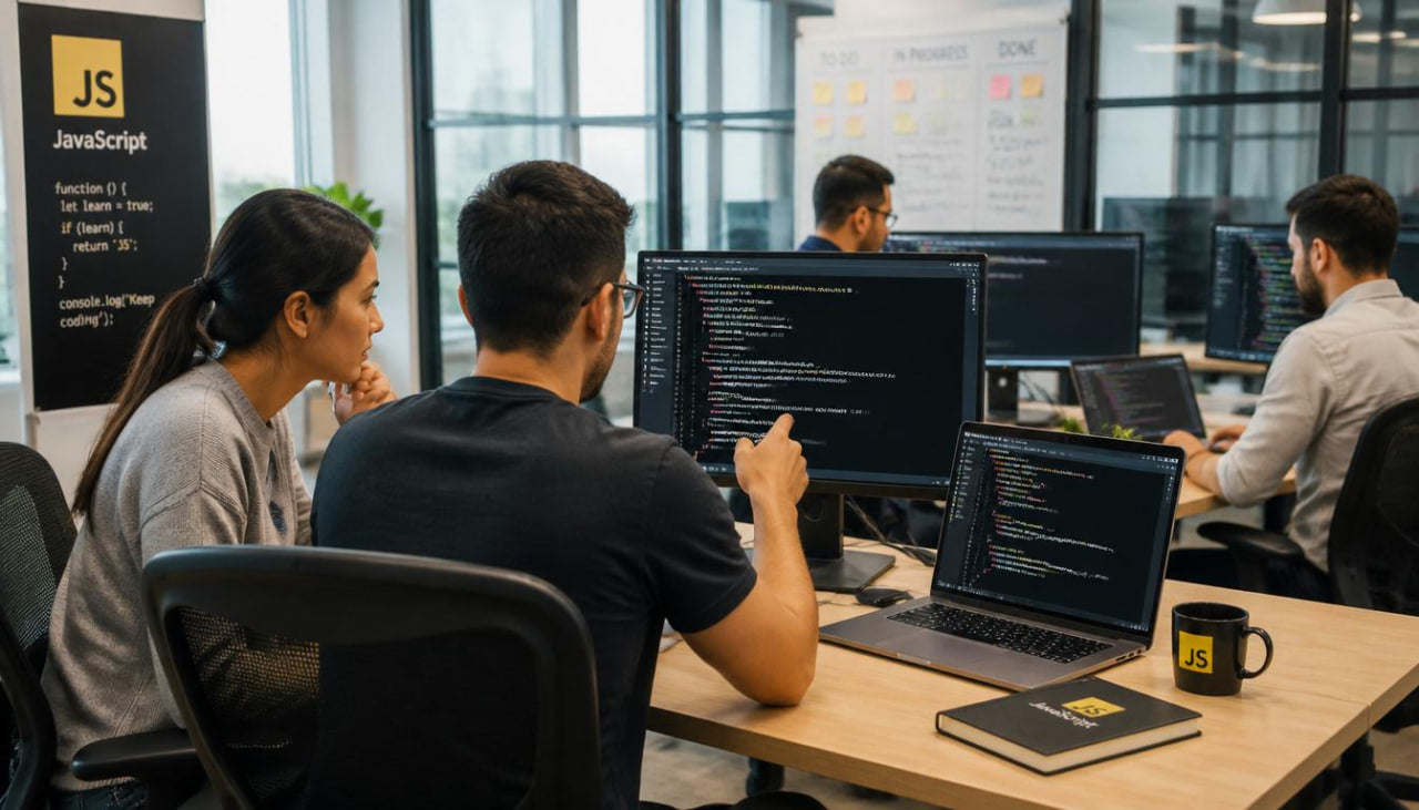 Group of developers working on computers in a modern office setting