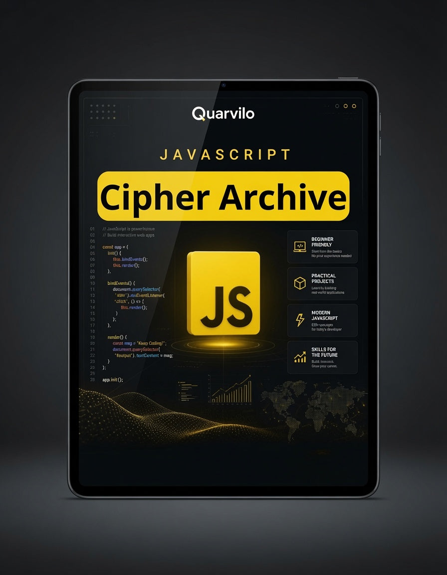 Tablet displaying 'Quarvilo JavaScript Cipher Archive' on a dark background