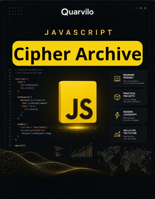 Cover of 'JavaScript Cipher Archive' by Quarvilo with a yellow logo on a dark background.