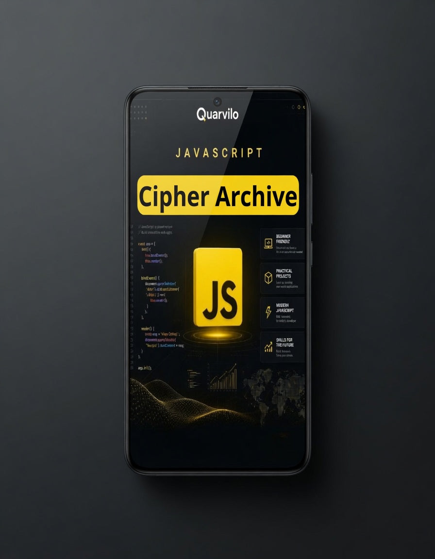 Phone displaying 'Quarvilo JavaScript Cipher Archive' on a dark background