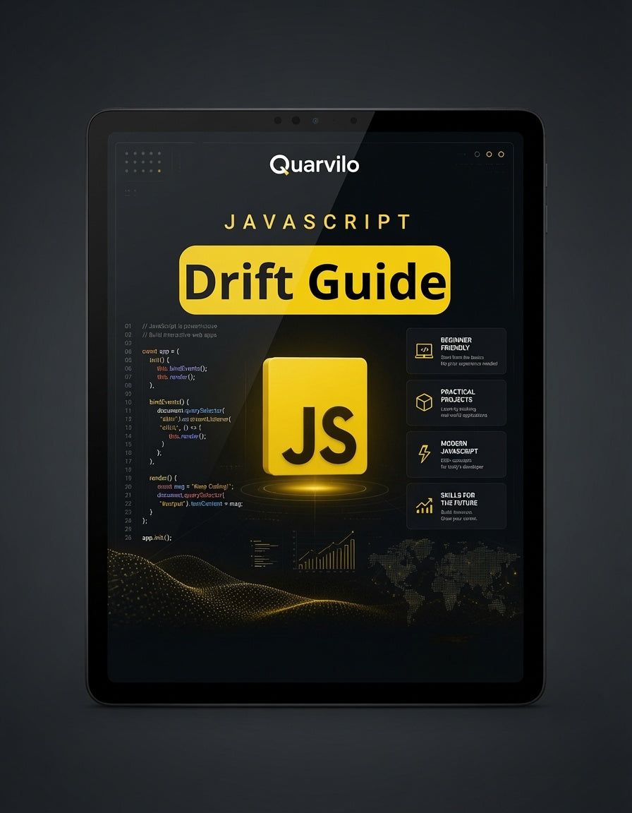 Tablet displaying the 'Quarvilo JavaScript Drift Guide' on a dark background