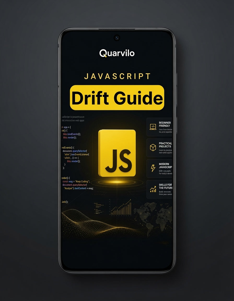 Phone displaying the 'JavaScript Drift Guide' by Quarvilo on a dark background