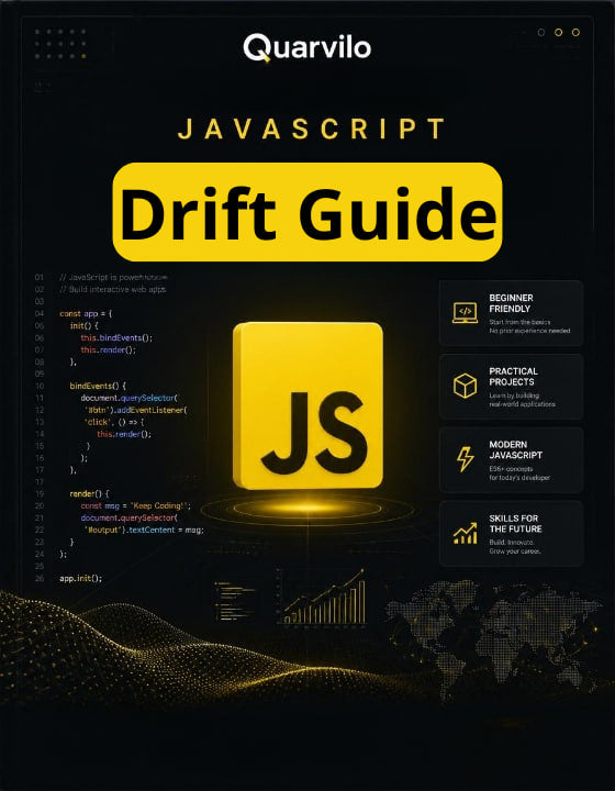Book cover of 'JavaScript Drift Guide' by Quarvilo with a yellow logo on a dark background.
