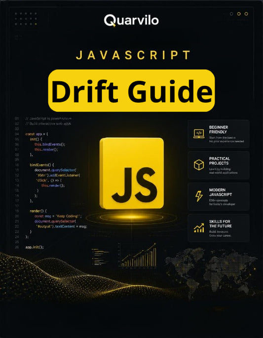 Book cover of 'JavaScript Drift Guide' by Quarvilo with a yellow logo on a dark background.