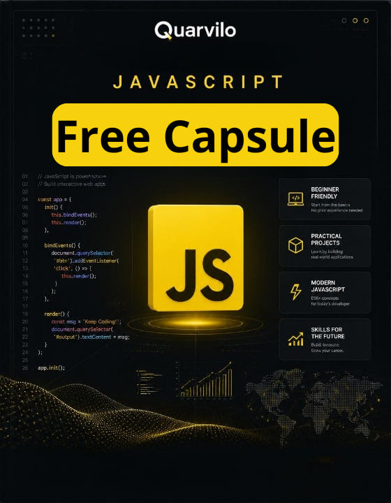 Promotional graphic for a JavaScript free capsule by Quarvilo with code snippets and a yellow 'JS' logo on a dark background.