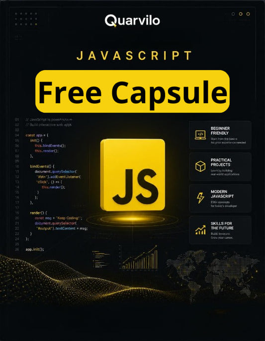 Promotional graphic for a JavaScript free capsule by Quarvilo with code snippets and a yellow 'JS' logo on a dark background.