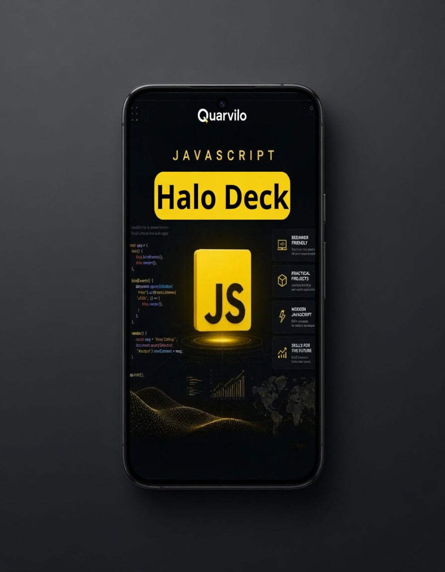 Phone displaying the Quarvilo JavaScript Halo Deck app on a dark background