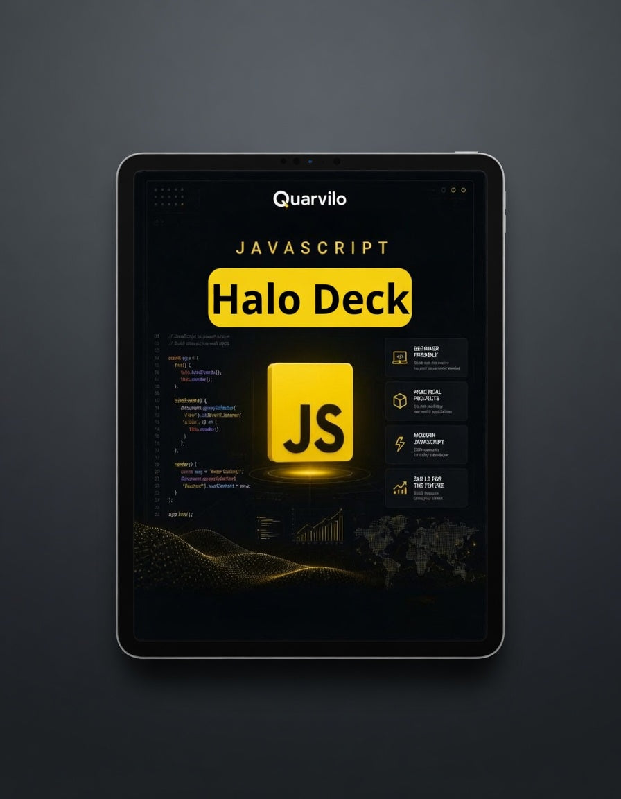 Tablet displaying the Quarvilo JavaScript Halo Deck on a dark background