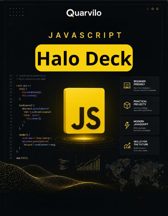 Cover of 'JavaScript Halo Deck' by Quarvilo with a yellow 'JS' logo on a dark background.