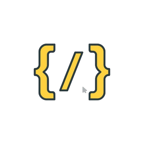 Yellow curly braces and slash symbol on a white background