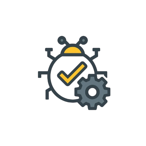 Icon of a check mark inside a gear with a small robot on top, on a white background.