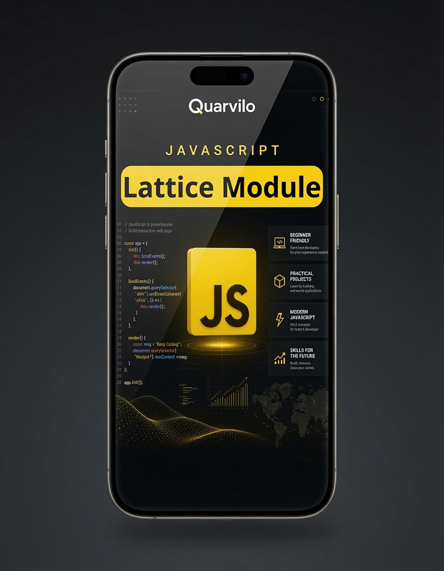 Smartphone displaying a Quarvilo JavaScript Lattice Module app on a dark background