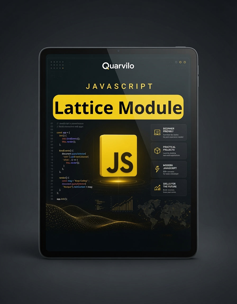Tablet displaying the Quarvilo JavaScript Lattice Module on a dark background