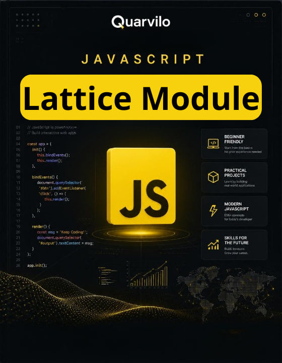 Book cover of 'JavaScript Lattice Module' by Quarvilo with code snippets and a yellow logo on a dark background.