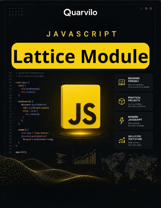 Book cover of 'JavaScript Lattice Module' by Quarvilo with code snippets and a yellow logo on a dark background.