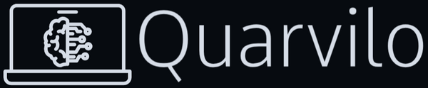 Logo of Quarvilo with a brain icon on a laptop screen against a black background