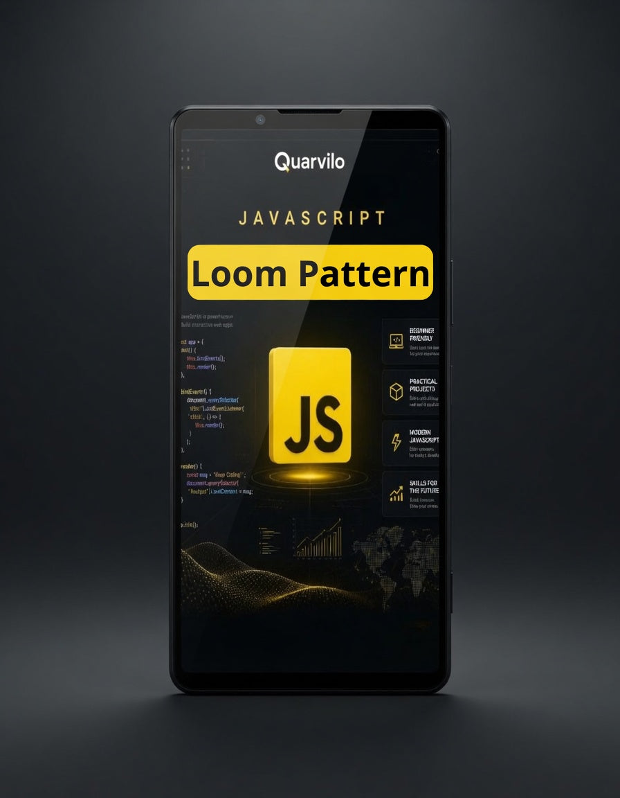 Phone case with 'Quarvilo JavaScript Loom Pattern' design on a dark background