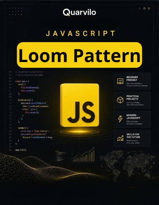 Book cover of 'JavaScript Loom Pattern' by Quarvilo with code snippets and JavaScript logo on a dark background.
