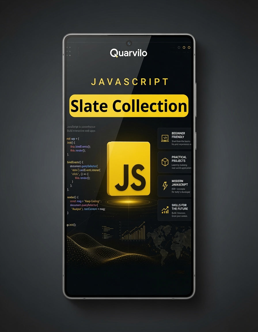 Phone displaying the Quavrio JavaScript Slate Collection app on a dark background