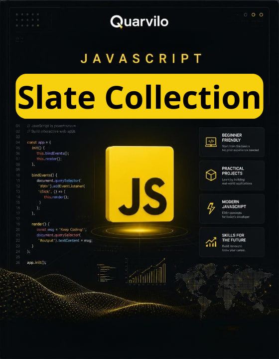 Quarvilo JavaScript Slate Collection with code snippets and branding on a dark background