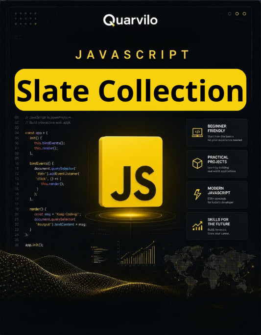 Quarvilo JavaScript Slate Collection with code snippets and branding on a dark background
