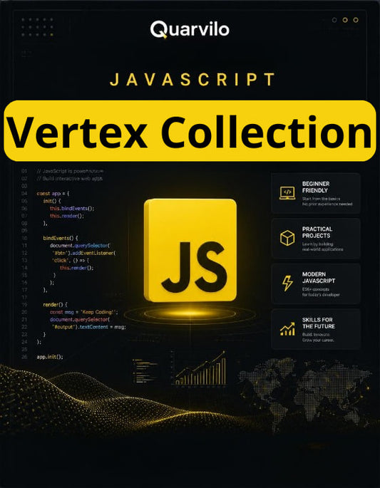 Book cover of 'JavaScript Vertex Collection' by Quarvilo with a yellow logo and text on a dark background.
