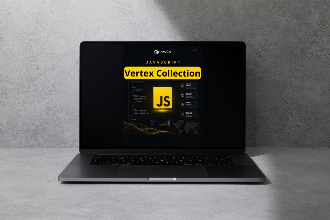 Laptop displaying a Quanvillo JavaScript Vertex Collection interface on a gray background