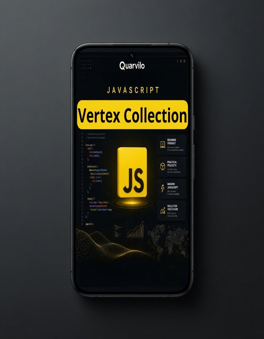 Phone displaying a JavaScript app with 'Quarvilo' branding on a dark background